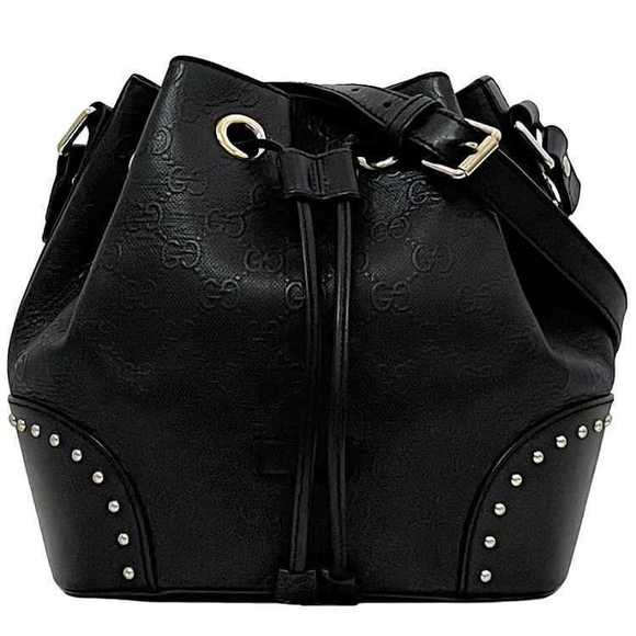 Gucci Bag Drawstring Diamante Bright Shoulder Black Crossbody Shima GG - Picture 1 of 9